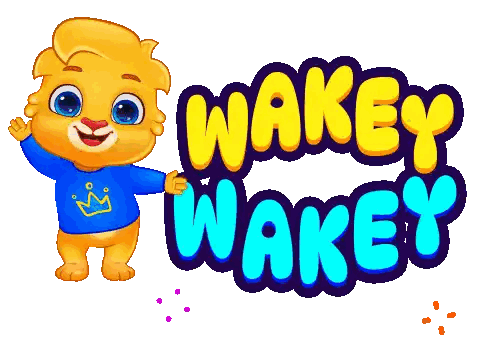 A Cartoon Character With A Crown On His Shirt Stands In Front Of The Wakey Wakey Logo Sticker