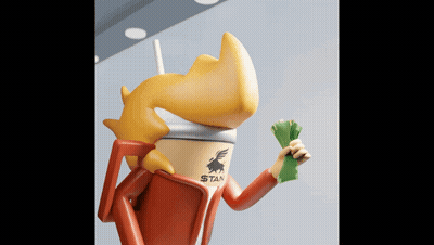 A Cartoon Character With A Cup Of Stan Coffee On His Head GIF