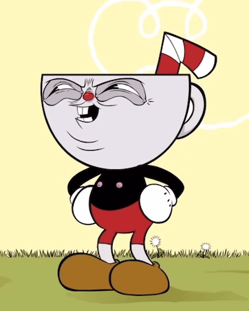 A Cartoon Character With A Cup On His Head And A Red And White Striped Straw GIF