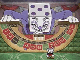 A Cartoon Character With A Dice Head Is Playing Roulette With A Cuphead . GIF