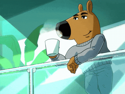A Cartoon Character With A Dog 'S Head Is Leaning On A Railing Holding A Cup Of Coffee GIF