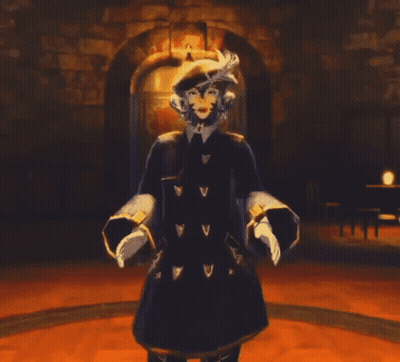 A Cartoon Character With A Feathered Hat Is Standing In A Dark Room GIF