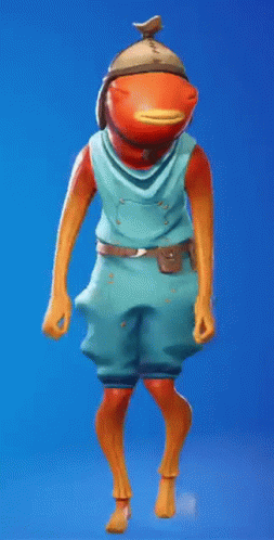 A Cartoon Character With A Fish Head And Arms Is Standing On A Blue Background . GIF
