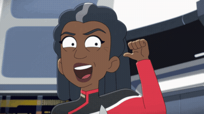 A Cartoon Character With A Fist In The Air And The Word Environment Behind Her GIF