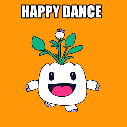 A Cartoon Character With A Flower Growing Out Of It And The Words Happy Dance Below It GIF