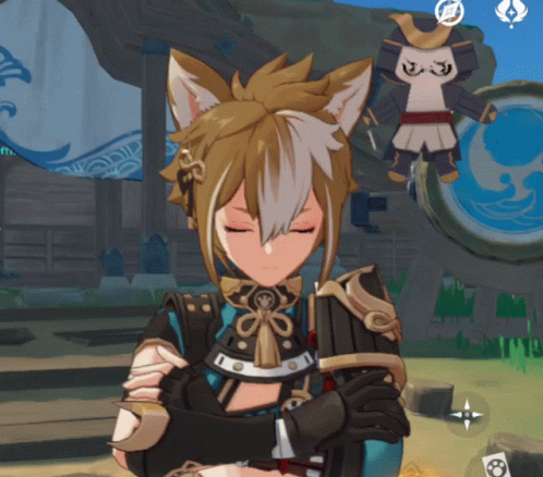 A Cartoon Character With A Fox Ear Is Standing With His Arms Crossed And His Eyes Closed GIF