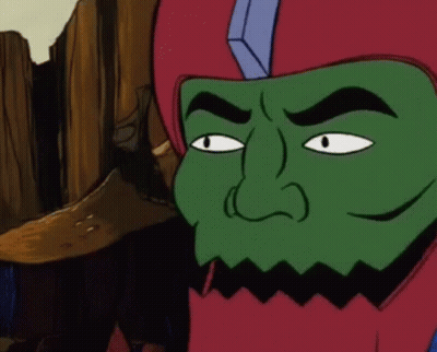 A Cartoon Character With A Green Face And A Red Helmet On GIF