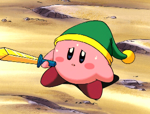 A Cartoon Character With A Green Hat And A Sword GIF