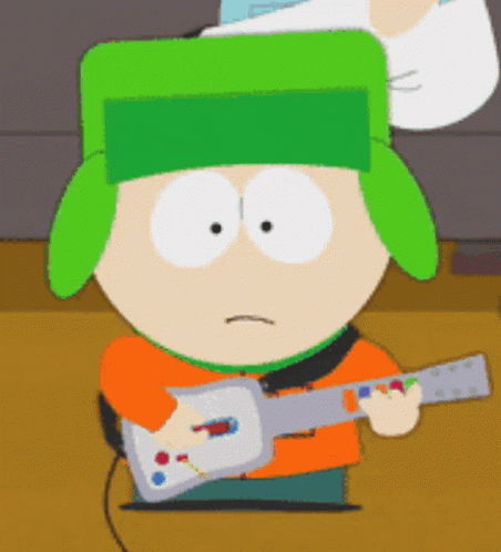 A Cartoon Character With A Green Hat And Ear Muffs Is Holding A Guitar GIF