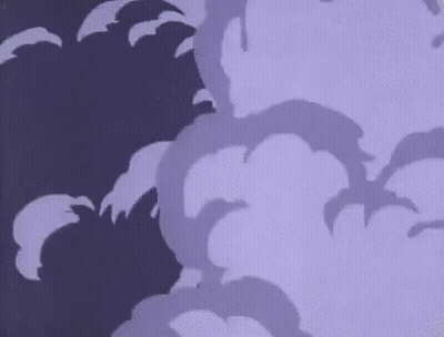 A Cartoon Character With A Green Hat And Glasses Is Peeking Out Of A Purple Cloud . GIF