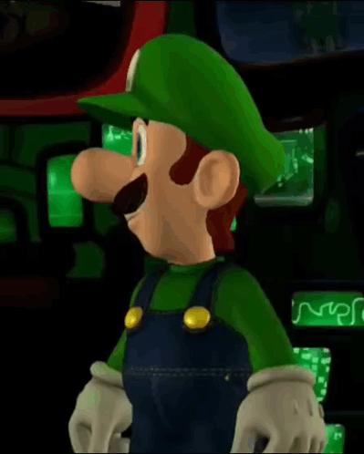 A Cartoon Character With A Green Hat And Overalls Has A Letter L On His Hat GIF