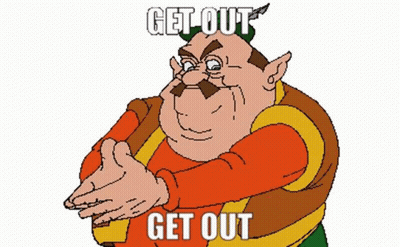 A Cartoon Character With A Green Hat And The Words Get Out Get Out GIF