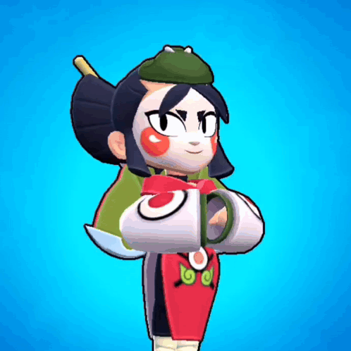 A Cartoon Character With A Green Hat Is Holding A Cup In Her Hands . GIF