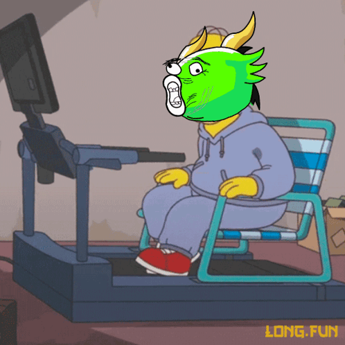 A Cartoon Character With A Green Head Is Sitting On A Treadmill With Long Fun Written On The Bottom GIF