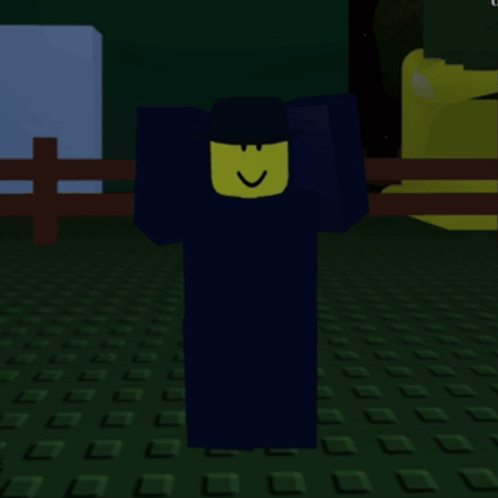 A Cartoon Character With A Hat And A Smile On His Face Is Standing In A Dark Room GIF