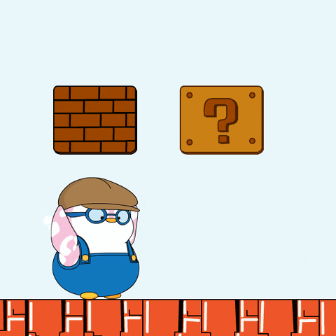 A Cartoon Character With A Hat And Glasses Is Standing In Front Of A Brick Wall And A Question Mark GIF