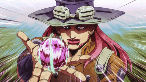 A Cartoon Character With A Hat And Goggles Holds A Purple Ball In His Hand GIF