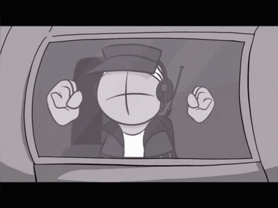 A Cartoon Character With A Hat And Headphones Looks Out Of A Window GIF