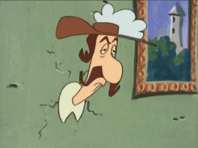 A Cartoon Character With A Hat And Mustache Is Hanging On A Wall Next To A Picture Frame . GIF