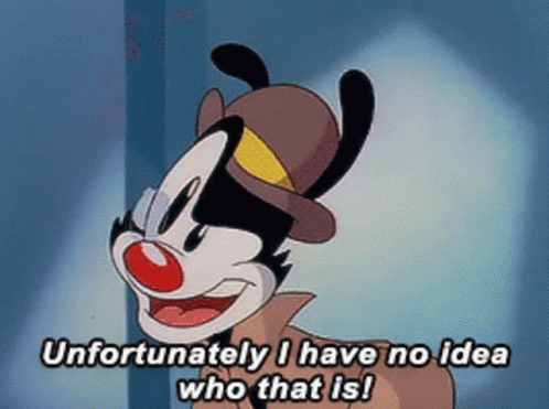 A Cartoon Character With A Hat And Red Nose Says " Unfortunately I Have No Idea Who That Is " GIF