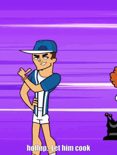 A Cartoon Character With A Hat And Shorts Says " Houp Let Him Cook " GIF