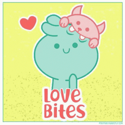 A Cartoon Character With A Heart And The Words Love Bites On The Bottom GIF