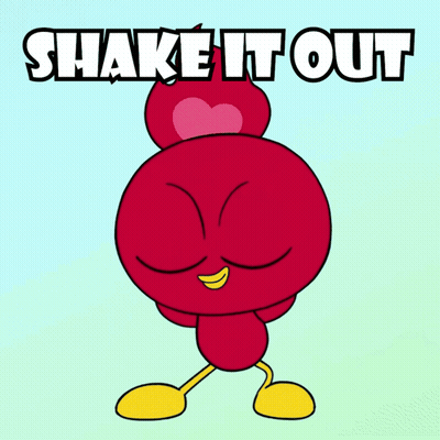 A Cartoon Character With A Heart On His Head And The Words Shake It Out Above Him GIF