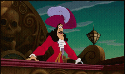 A Cartoon Character With A Hook In His Hand And A Skull In The Background GIF