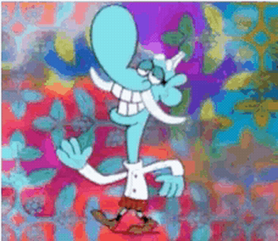 A Cartoon Character With A Huge Smile On His Face Is Standing On A Colorful Background GIF