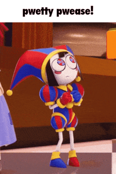 A Cartoon Character With A Jester Hat Says Pwetty Pwease On The Bottom GIF