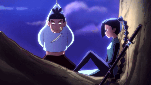 A Cartoon Character With A Knife On His Shirt Is Sitting Next To Another Character With A Sword GIF