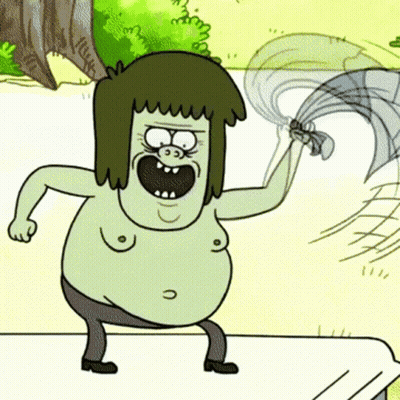 A Cartoon Character With A Large Belly Is Holding A Sword In His Hand GIF