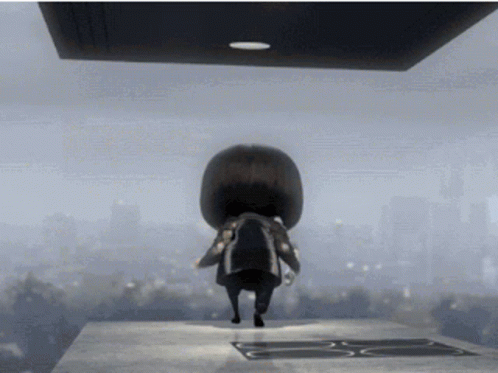 A Cartoon Character With A Large Head Is Walking On A Concrete Surface GIF