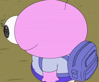 A Cartoon Character With A Large Pink Eye And A Blue Backpack GIF