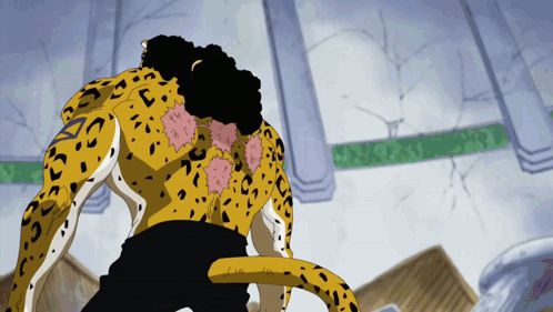 A Cartoon Character With A Leopard Print Is Standing In A Room With Columns GIF