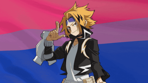 A Cartoon Character With A Lightning Bolt On His Jacket Is Giving A Peace Sign In Front Of A Bisexual Flag GIF