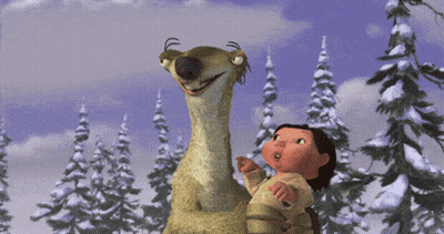 A Cartoon Character With A Long Neck Is Standing Next To A Little Girl In A Snowy Forest GIF