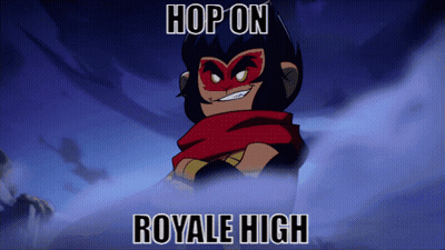 A Cartoon Character With A Mask And The Words Hop On Royale High GIF