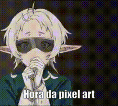 A Cartoon Character With A Mask On His Face And The Words `` Hora Da Pixel Art '' Written Below Him . GIF