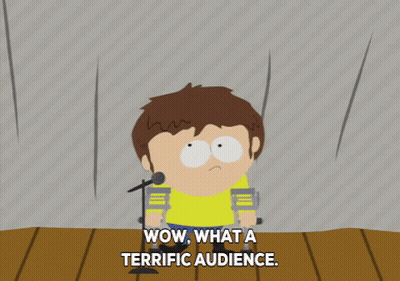 A Cartoon Character With A Microphone And The Words Wow What A Terrific Audience GIF