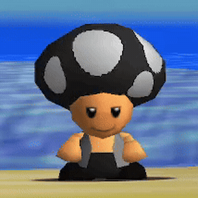 A Cartoon Character With A Mushroom On His Head Is Standing On A Beach GIF