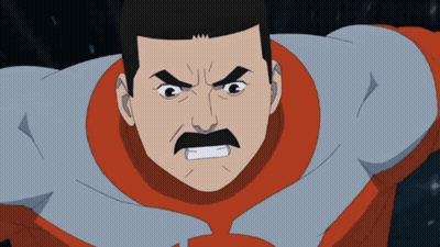 A Cartoon Character With A Mustache And A Gray And Red Suit GIF