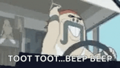 A Cartoon Character With A Mustache Is Driving A Bus And Saying `` Toot Toot Beep Beep '' . GIF
