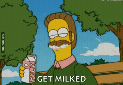 A Cartoon Character With A Mustache Is Holding A Carton Of Milk And Saying Get Milked GIF