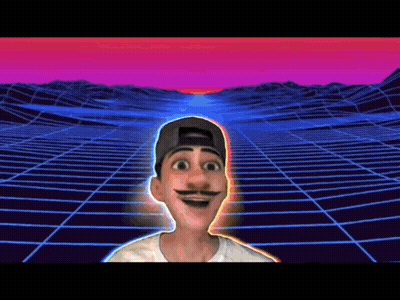A Cartoon Character With A Mustache Is Standing In Front Of A Futuristic Background . GIF