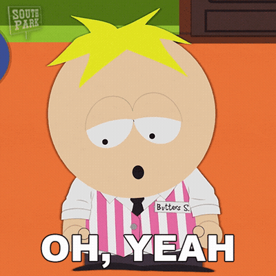 A Cartoon Character With A Name Tag That Says " Butters S. " GIF