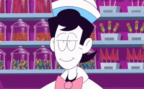 A Cartoon Character With A Pink Bow Tie And A G On His Neck GIF