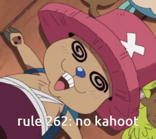 A Cartoon Character With A Pink Hat And The Words Rule 262 No Kahoot On The Bottom GIF
