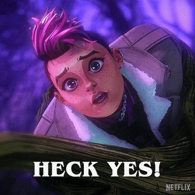 A Cartoon Character With A Pink Mohawk And The Words Heck Yes On The Bottom GIF