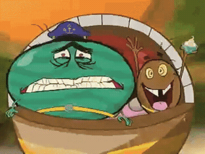 A Cartoon Character With A Pirate Hat On Is Sitting In A Bowl GIF